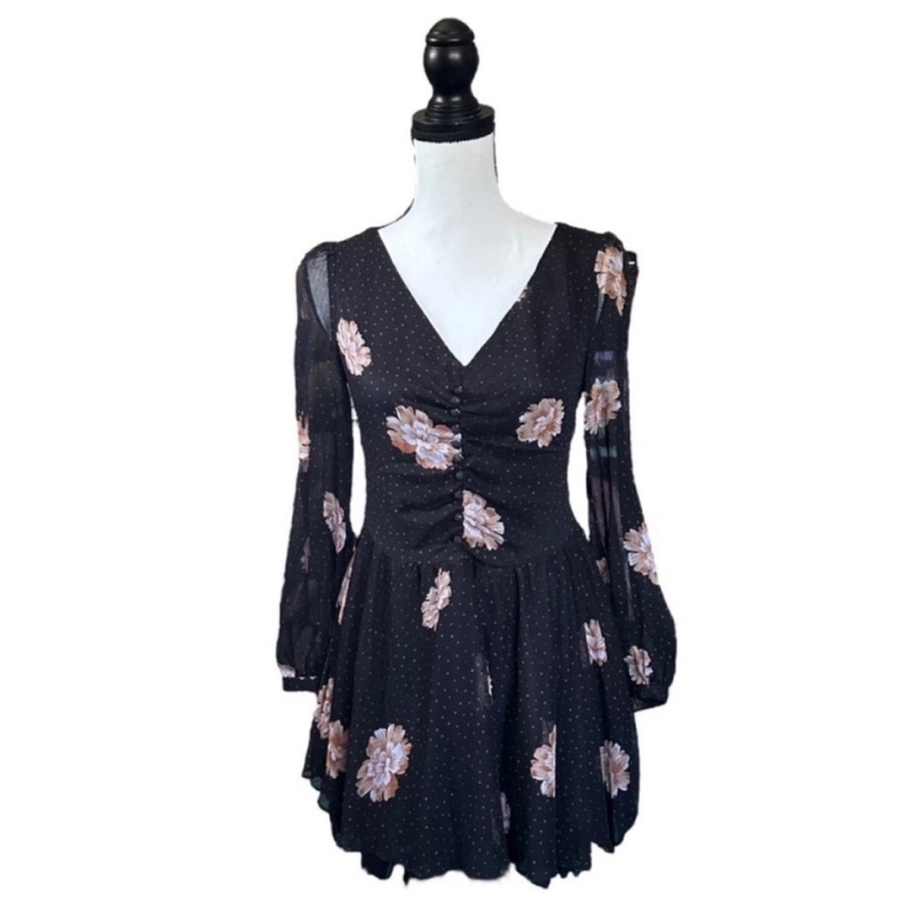 Snidel Floral Polka Dot Mini Dress Black Long Sleeve Whimsigoth Cottagecore XS
